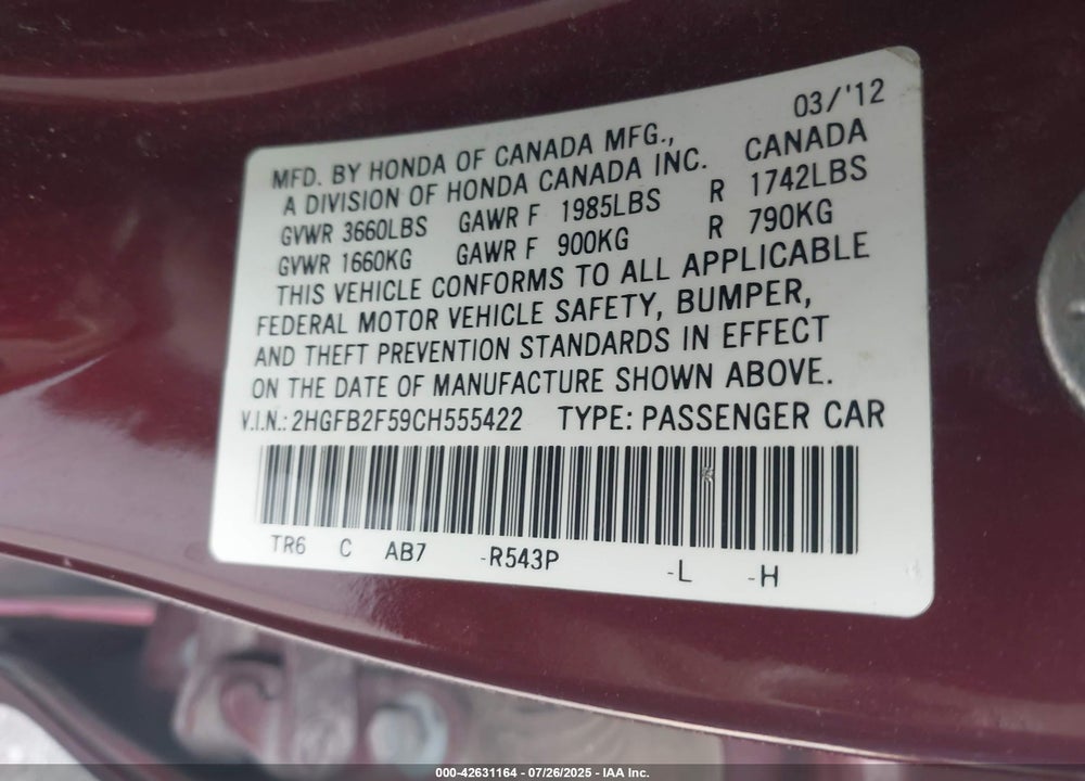 2012 HONDA CIVIC VIN: 2HGFB2F59CH555422