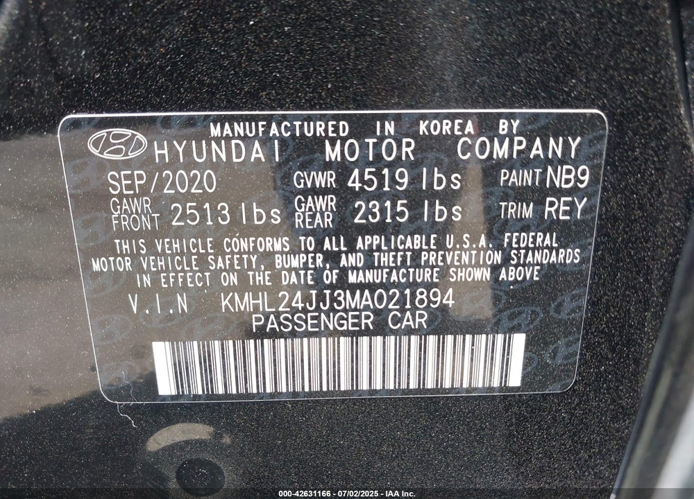 2021 HYUNDAI SONATA VIN: KMHL24JJ3MA021894