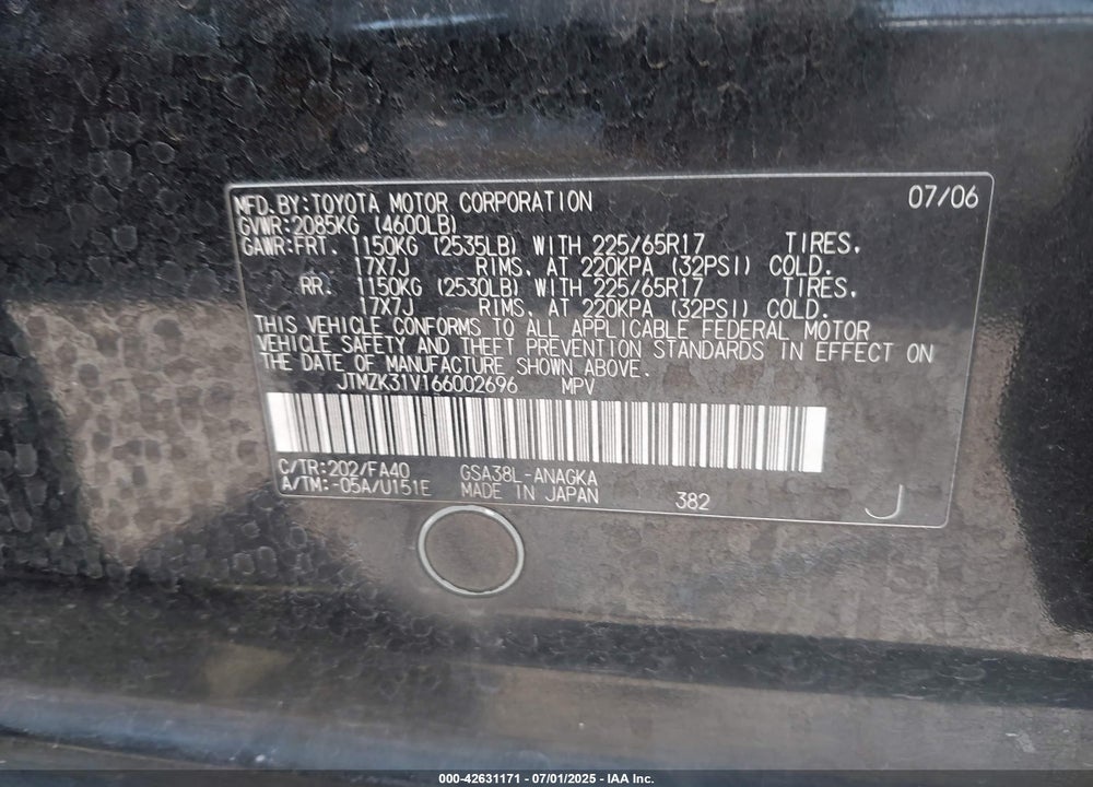 2006 TOYOTA RAV4 LIMITED V6 VIN: JTMZK31V166002696