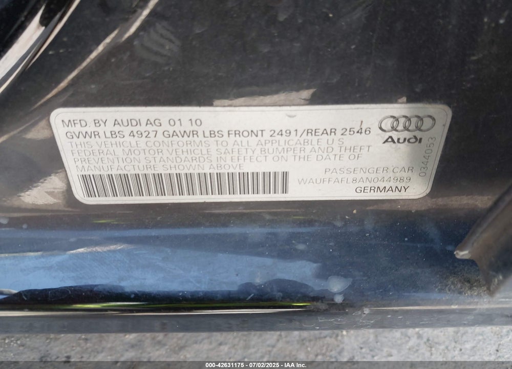 2010 AUDI A4 VIN: WAUFFAFL8AN044989