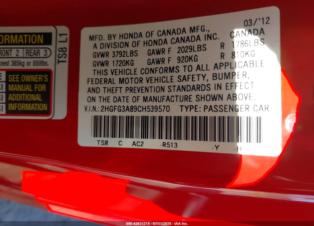 2012 HONDA CIVIC VIN: 2HGFG3A89CH539570