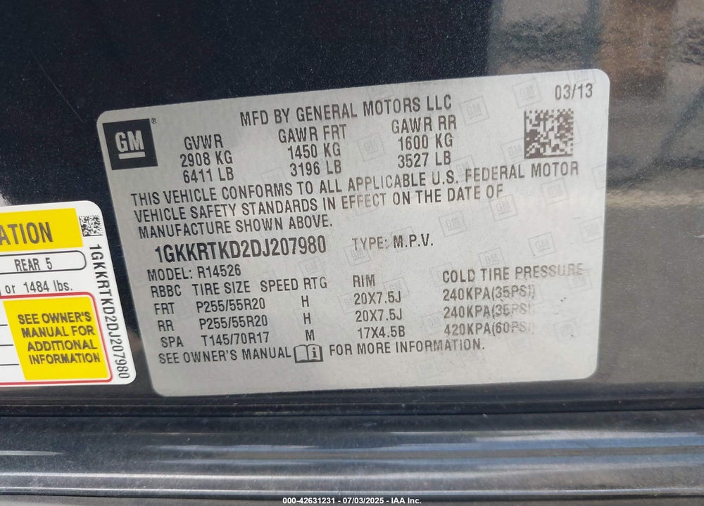 2013 GMC ACADIA VIN: 1GKKRTKD2DJ207980