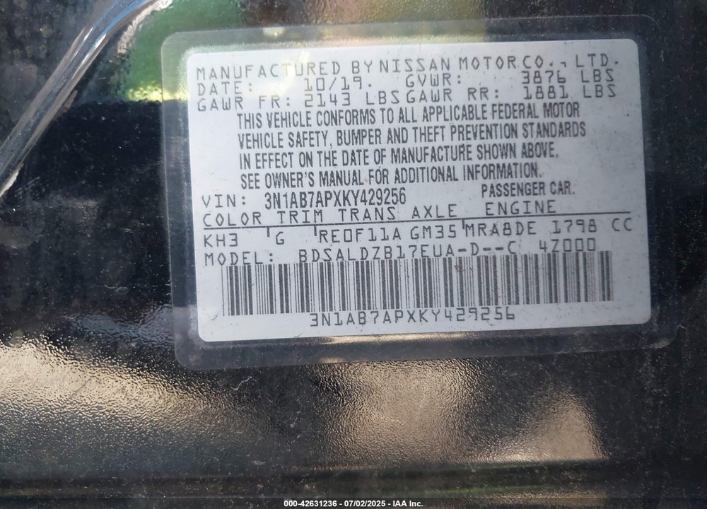 2019 NISSAN SENTRA VIN: 3N1AB7APXKY429256
