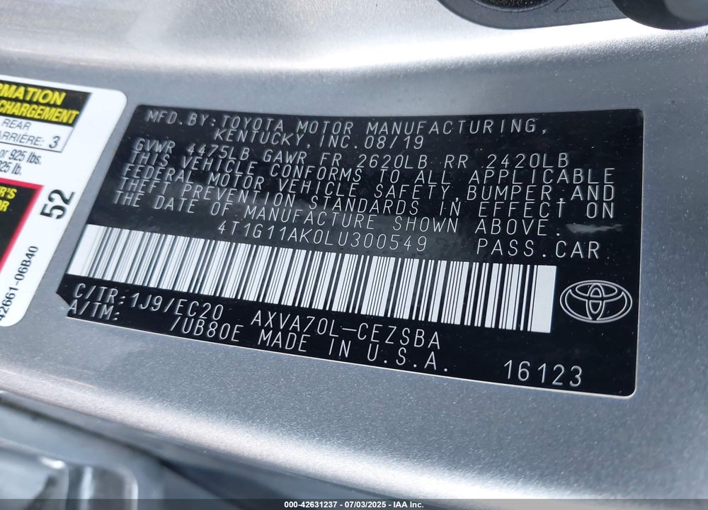 2020 TOYOTA CAMRY VIN: 4T1G11AK0LU300549