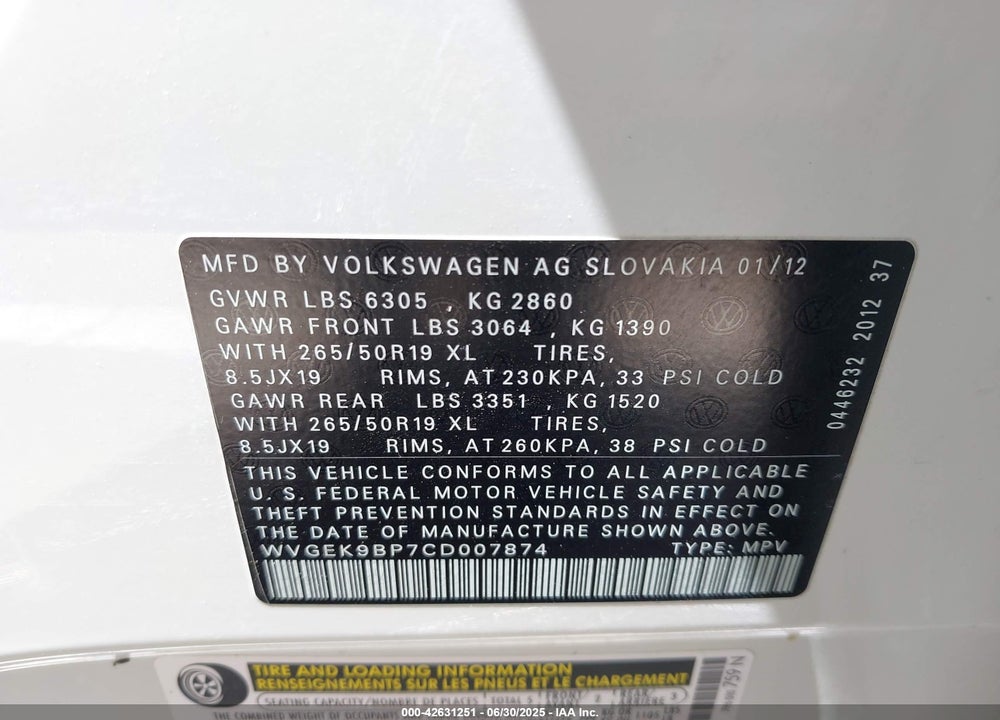 2012 VOLKSWAGEN TOUAREG TDI LUX VIN: WVGEK9BP7CD007874