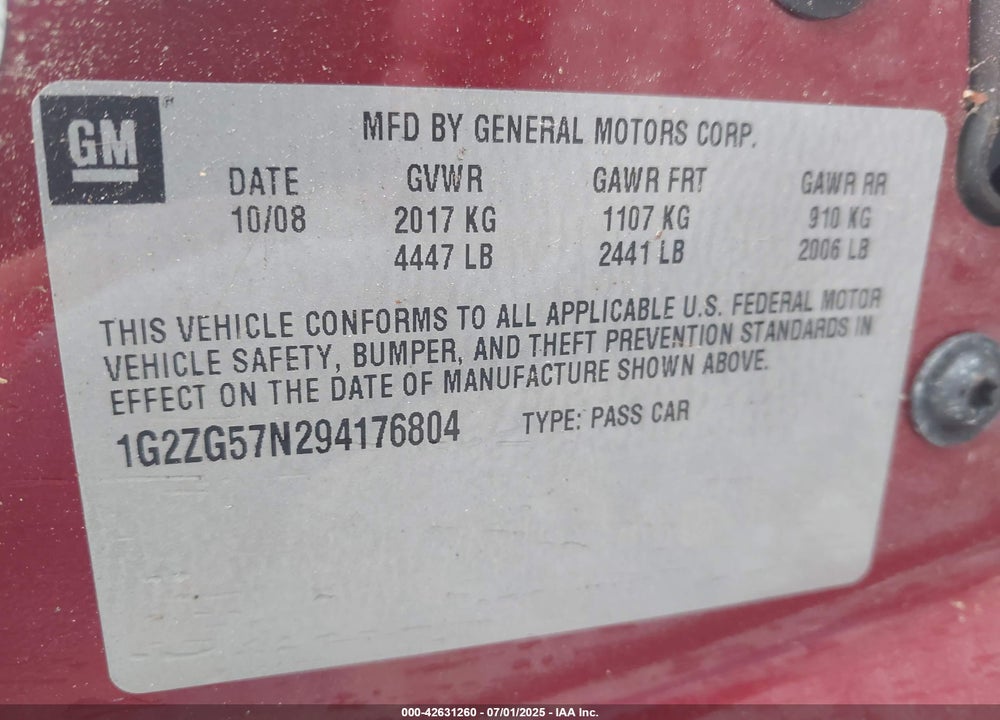2009 PONTIAC G6 VIN: 1G2ZG57N294176804