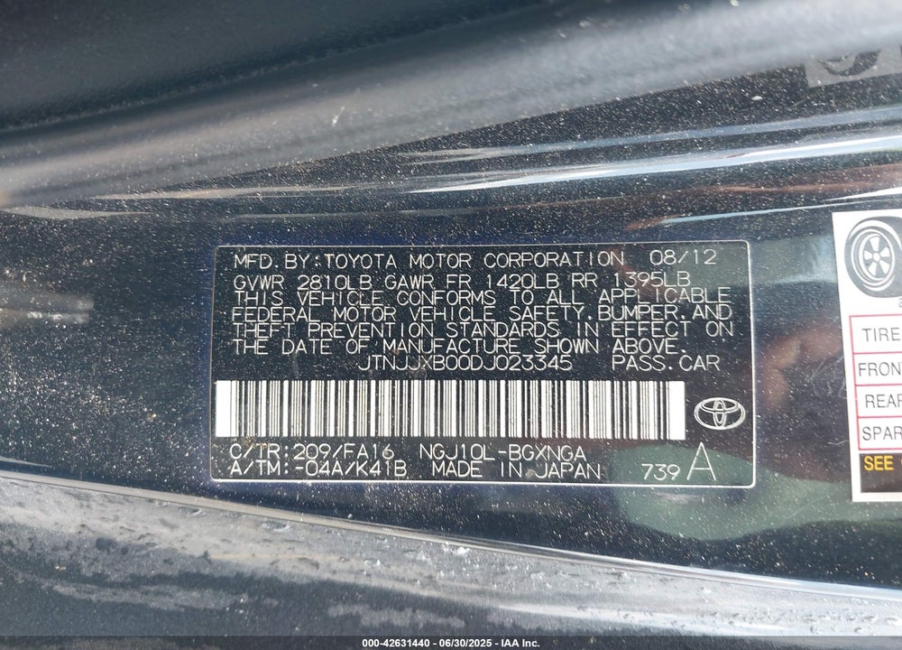 2013 SCION IQ VIN: JTNJJXB00DJ023345