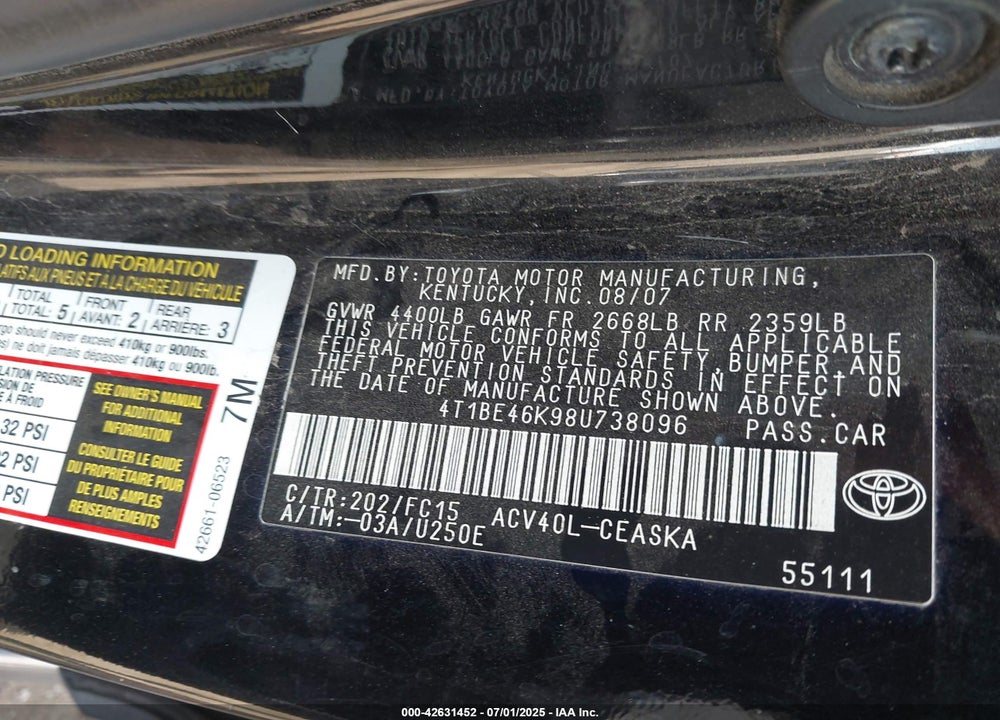 2008 TOYOTA CAMRY SE VIN: 4T1BE46K98U738096