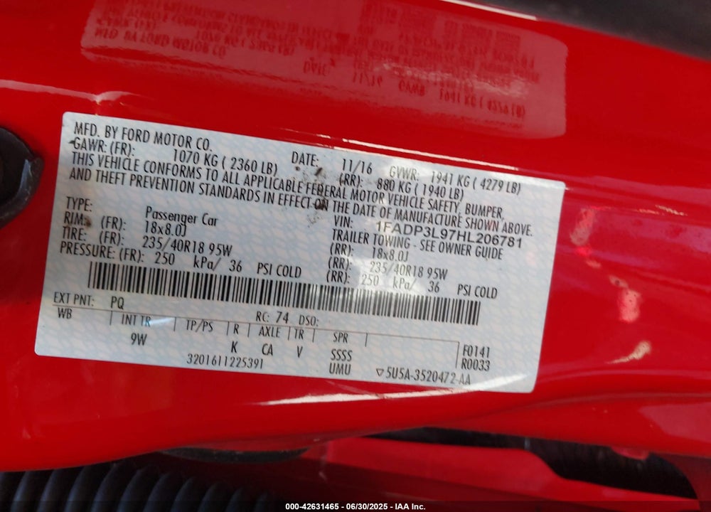 2017 FORD FOCUS ST VIN: 1FADP3L97HL206781