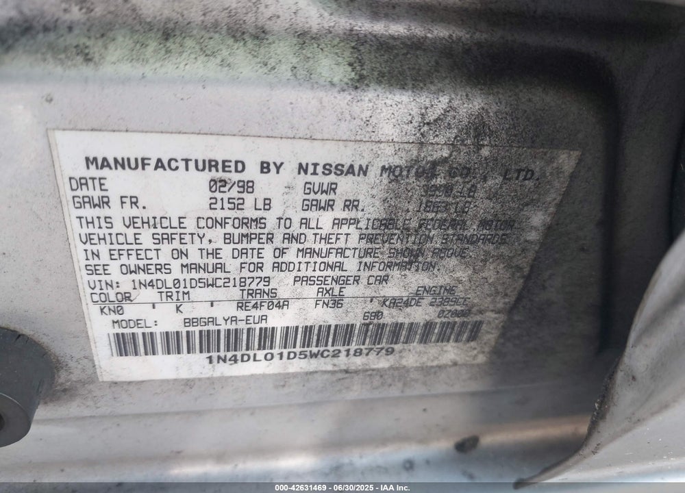 1998 NISSAN ALTIMA GLE/GXE/SE/XE VIN: 1N4DL01D5WC218779