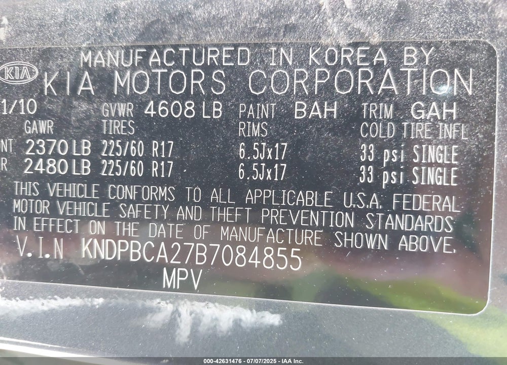 2011 KIA SPORTAGE VIN: KNDPBCA27B7084855
