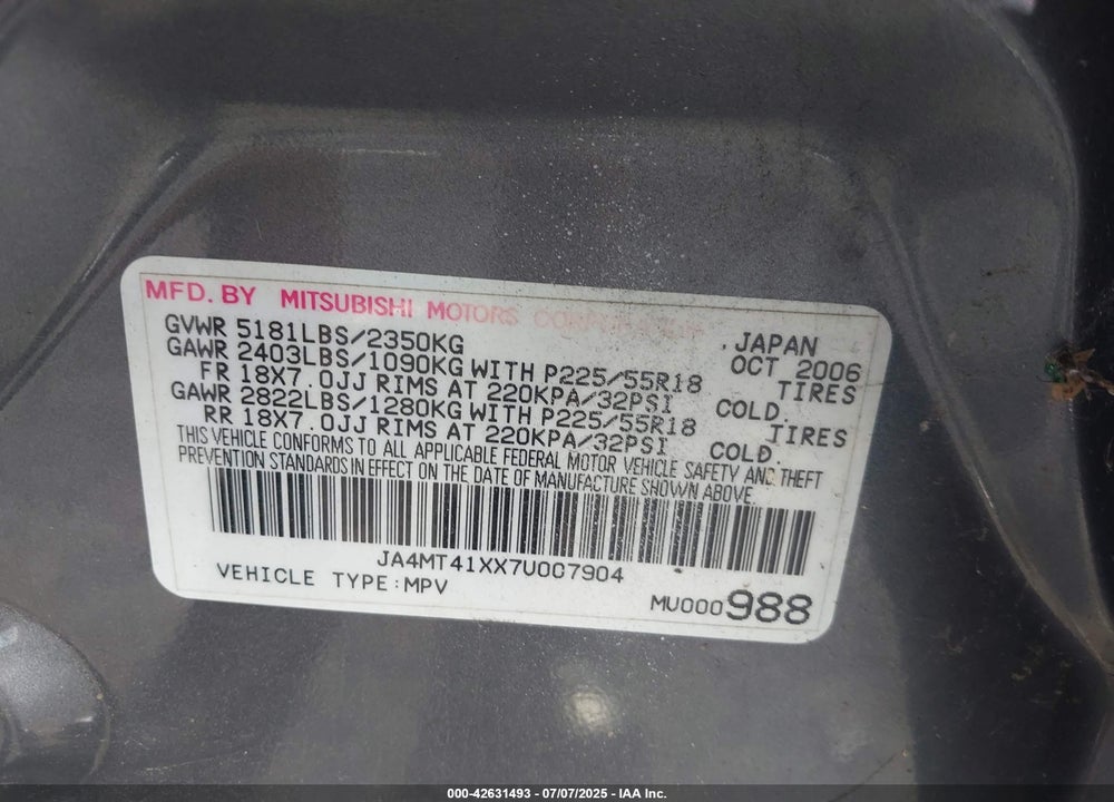 2007 MITSUBISHI OUTLANDER XLS VIN: JA4MT41XX7U007904