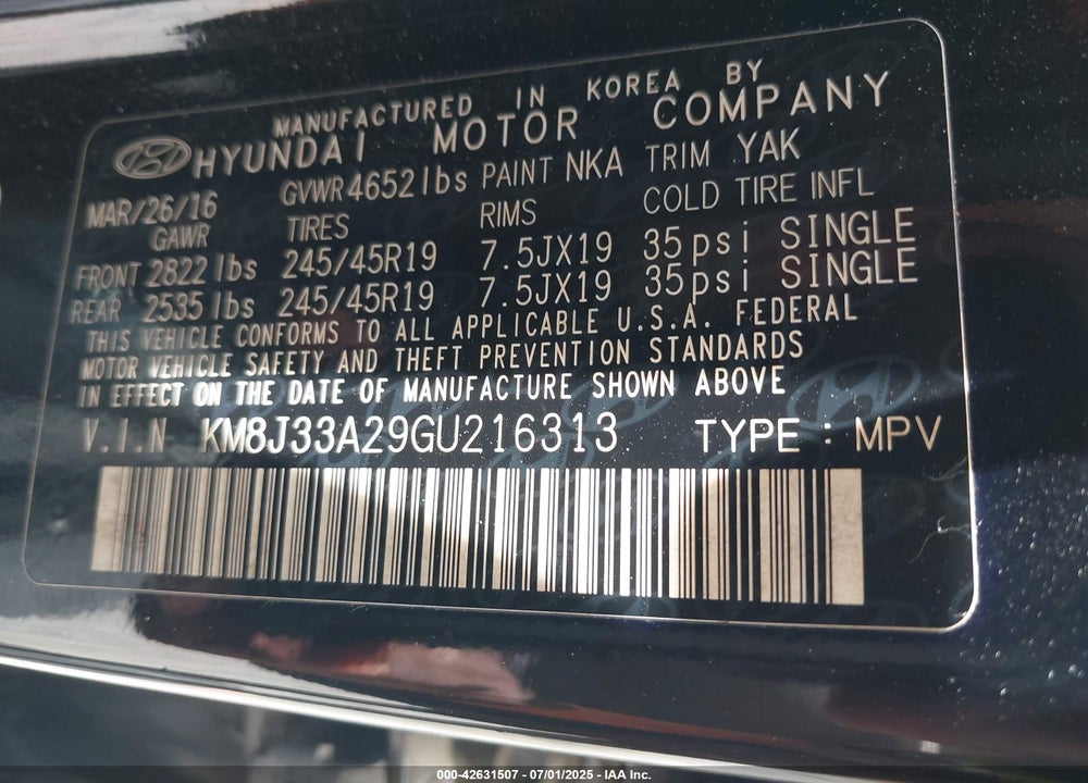 2016 HYUNDAI TUCSON VIN: KM8J33A29GU216313