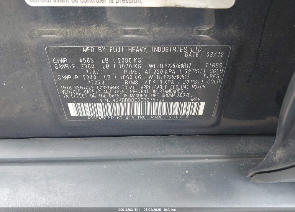 2012 SUBARU OUTBACK VIN: 4S4BRBBC0C3275724