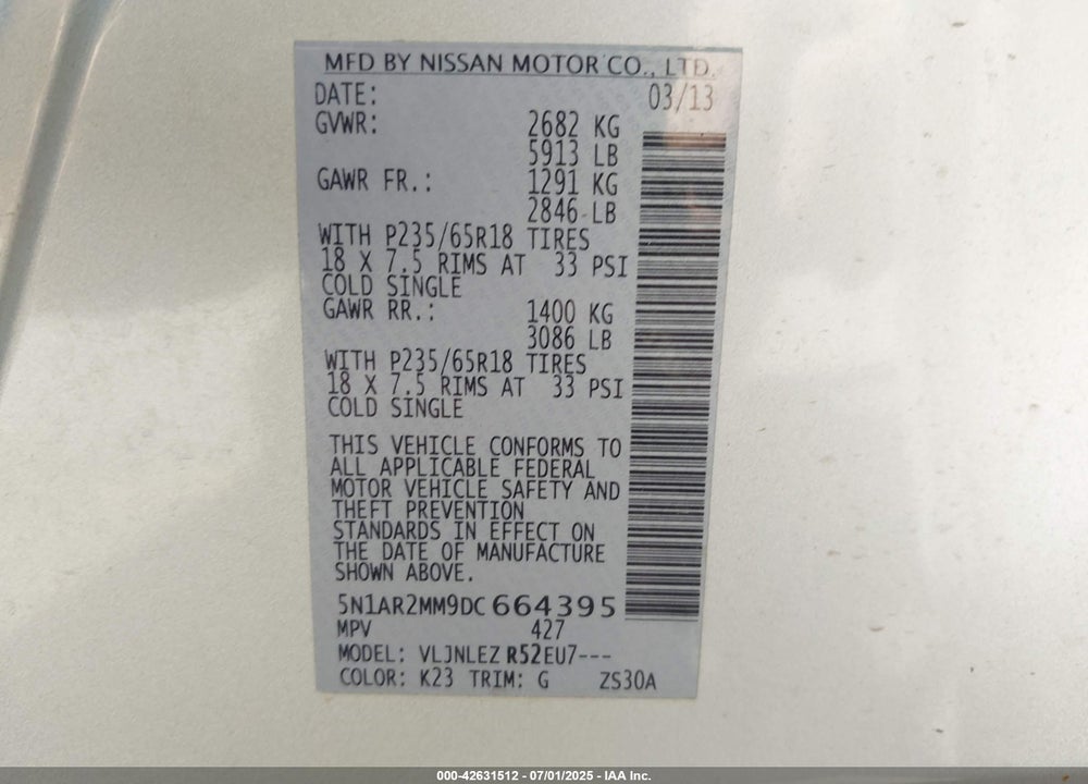 2013 NISSAN PATHFINDER VIN: 5N1AR2MM9DC664395