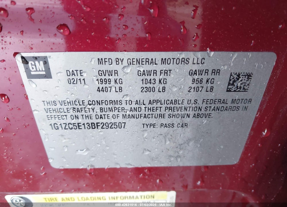 2011 CHEVROLET MALIBU VIN: 1G1ZC5E13BF292507