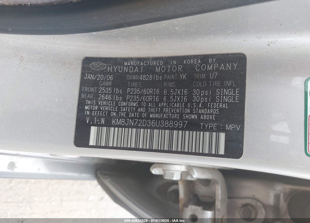 2006 HYUNDAI TUCSON GLS/LIMITED VIN: KM8JN72D36U388997