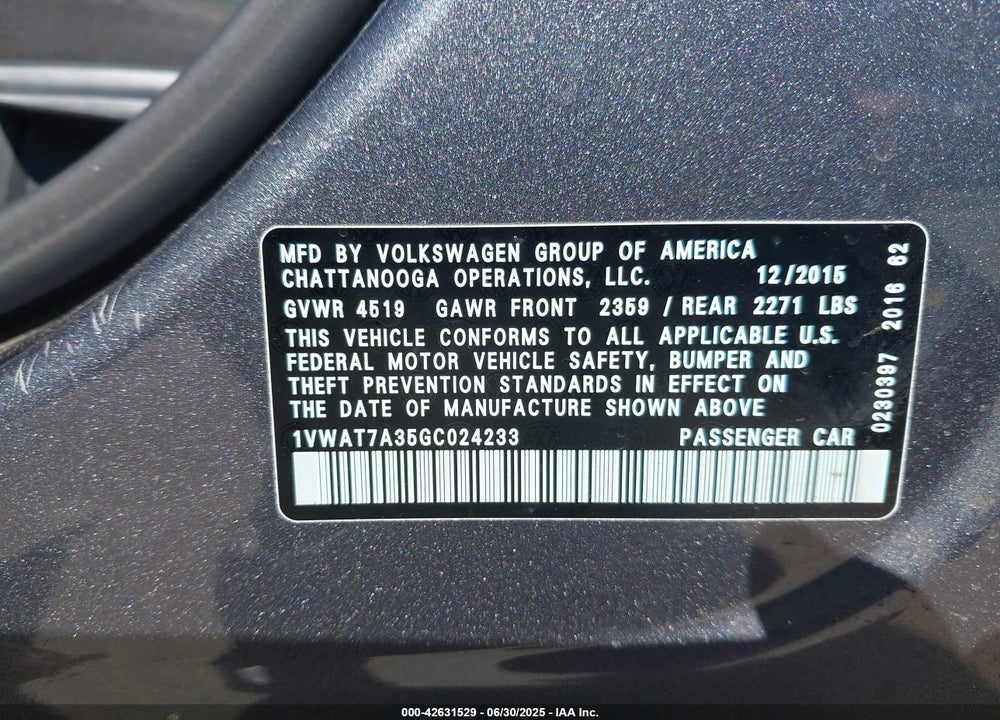 2016 VOLKSWAGEN PASSAT 1.8T S VIN: 1VWAT7A35GC024233