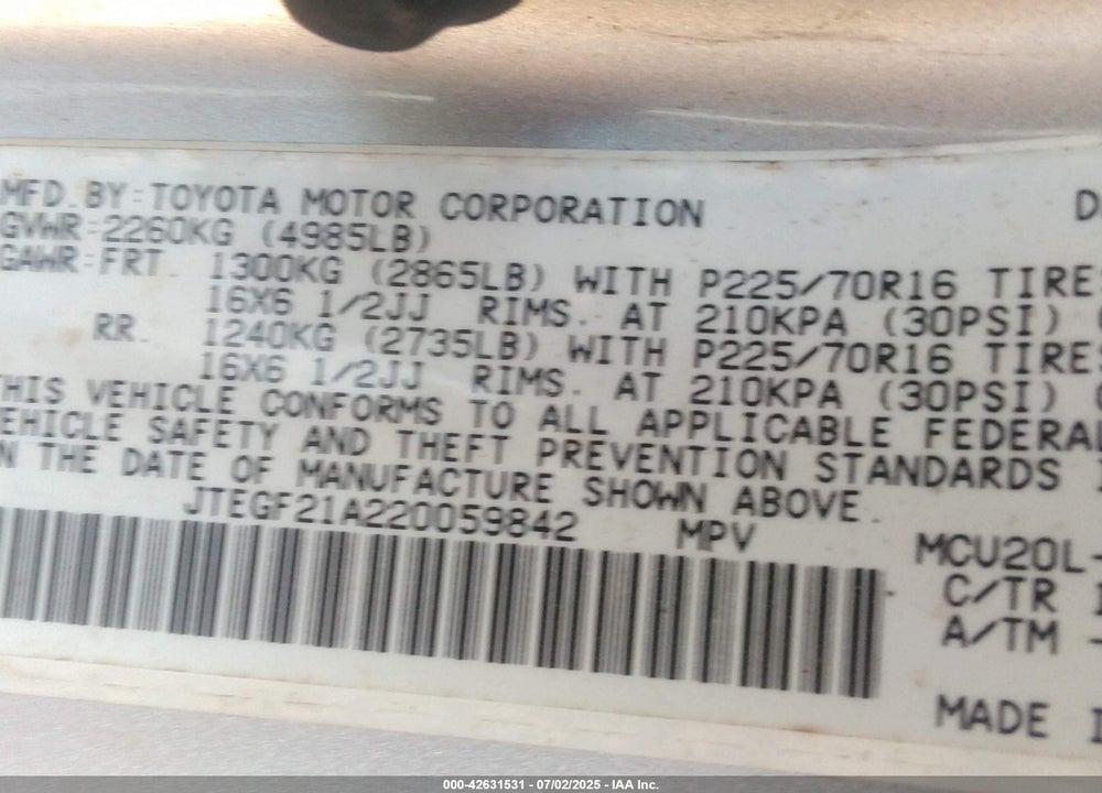 2002 TOYOTA HIGHLANDER V6 VIN: JTEGF21A220059842