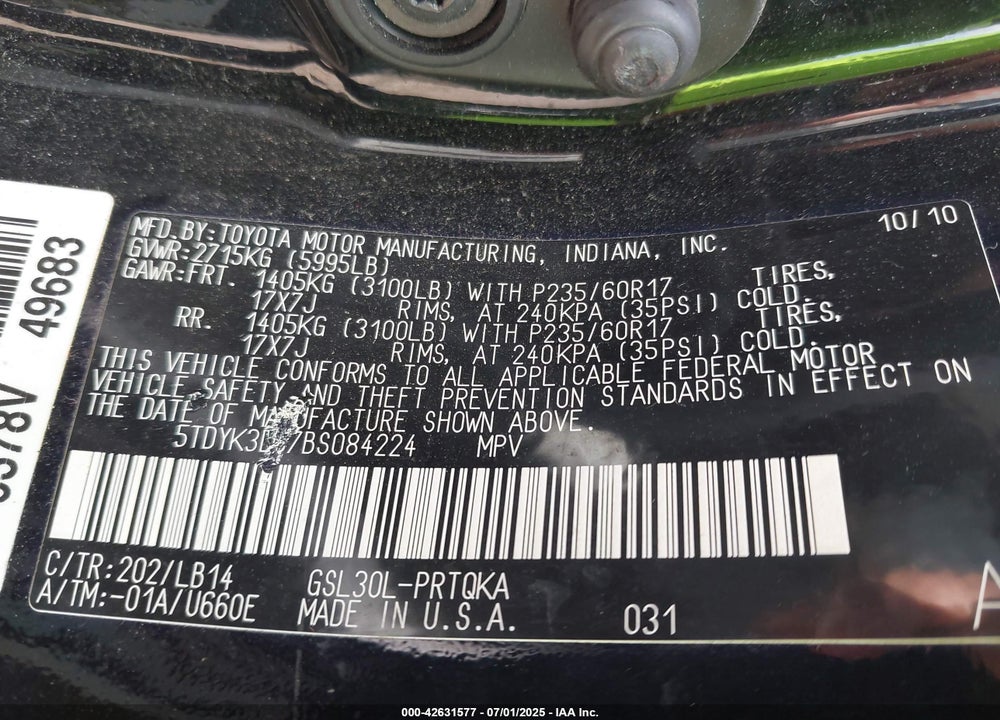 2011 TOYOTA SIENNA VIN: 5TDYK3DC7BS084224