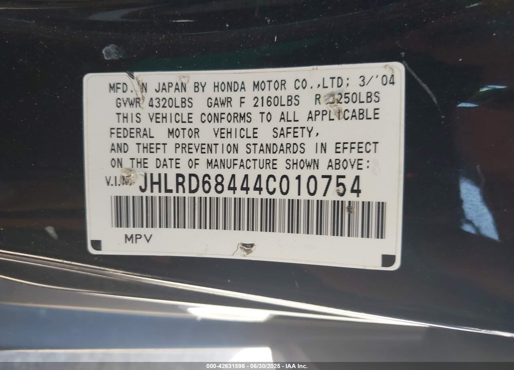 2004 HONDA CR-V LX VIN: JHLRD68444C010754