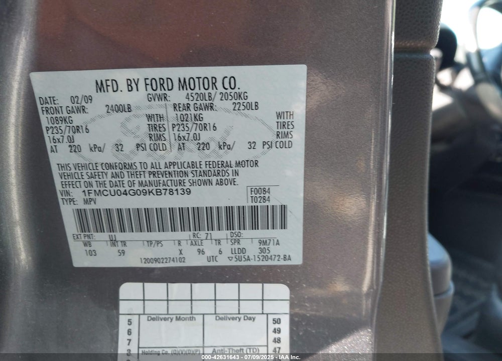 2009 FORD ESCAPE VIN: 1FMCU04G09KB78139