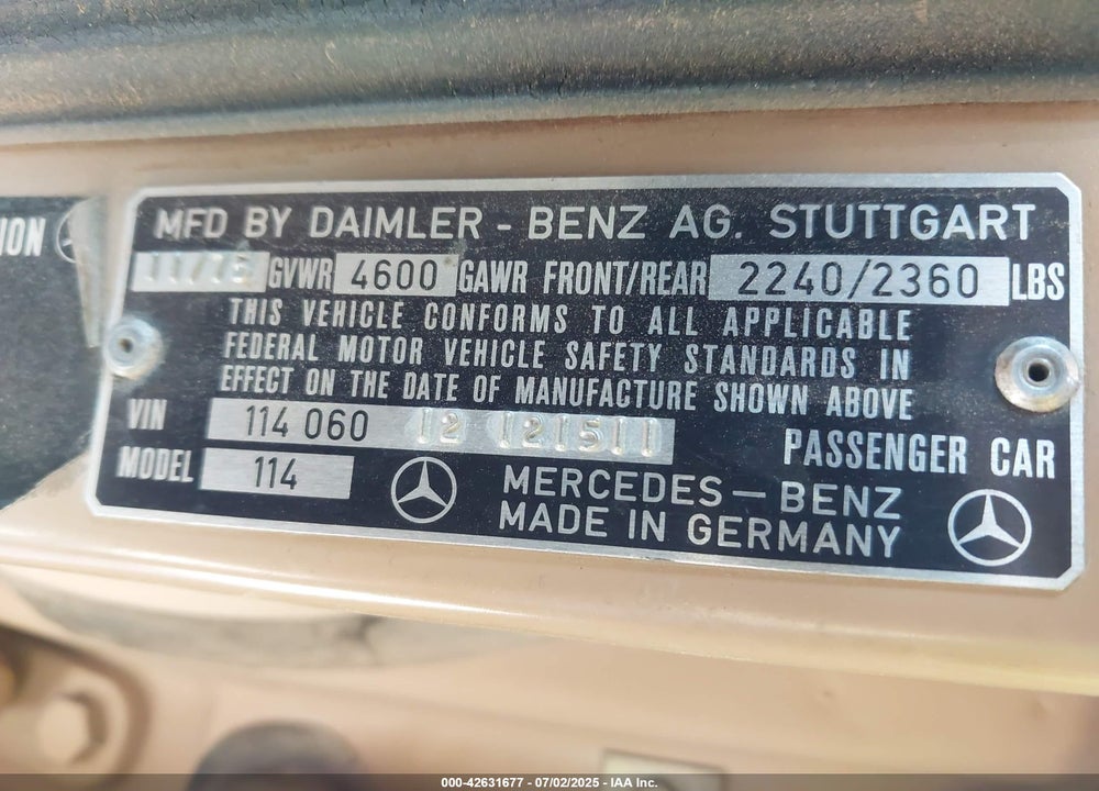 1976 MERCEDES-BENZ 280 VIN: 11406012121511