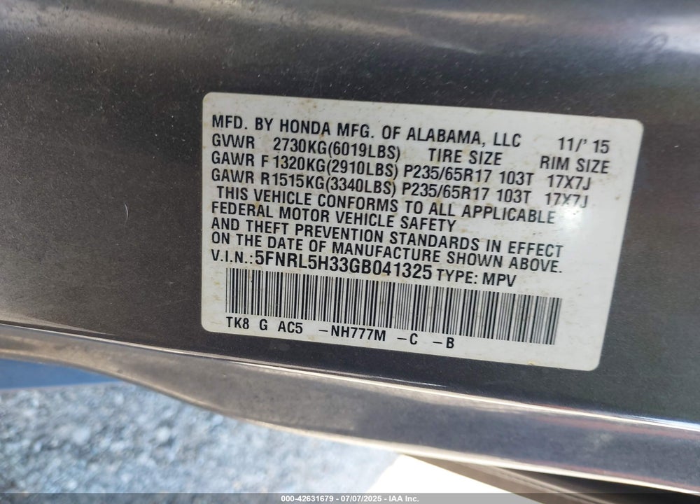 2016 HONDA ODYSSEY VIN: 5FNRL5H33GB041325