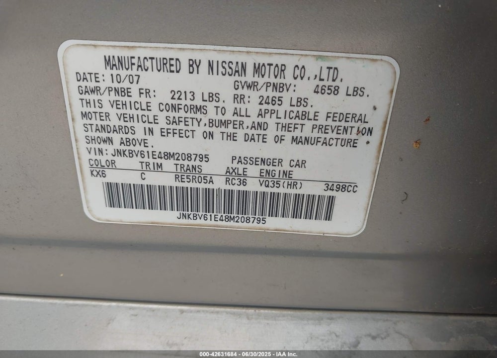 2008 INFINITI G35 VIN: JNKBV61E48M208795