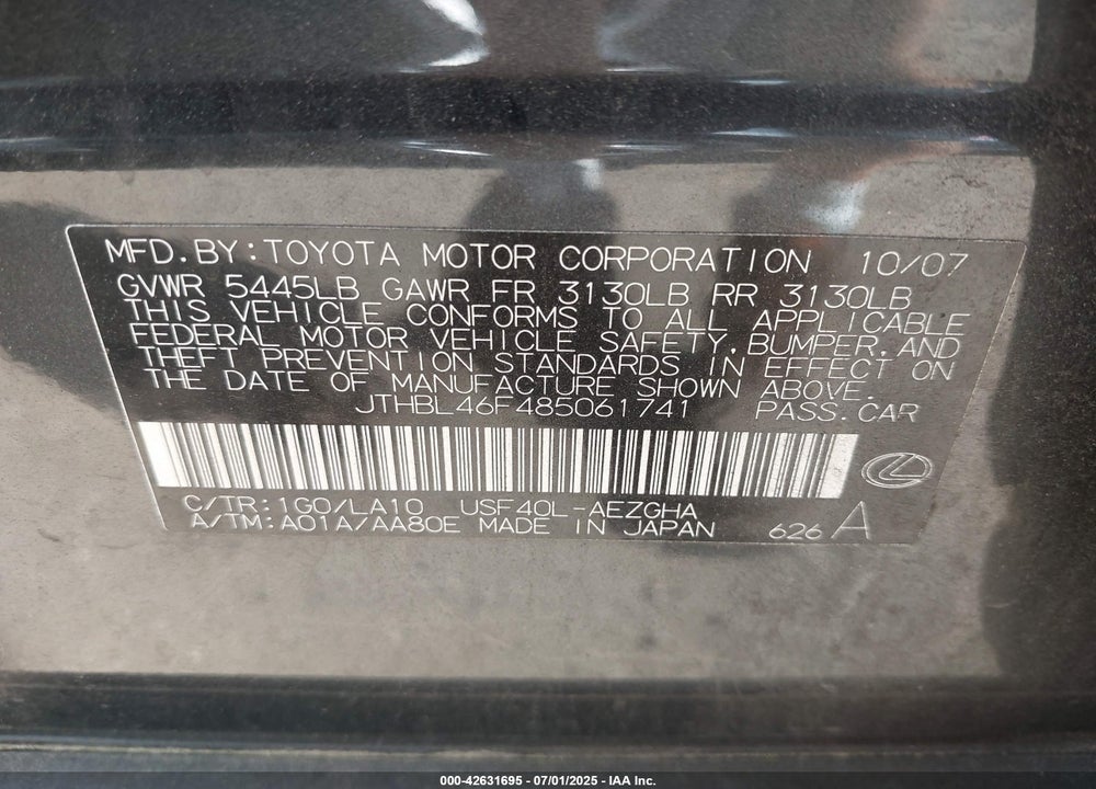 2008 LEXUS LS 460 VIN: JTHBL46F485061741