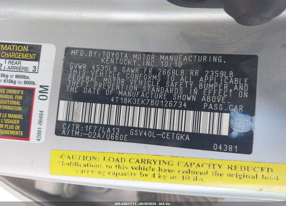 2011 TOYOTA CAMRY XLE V6 VIN: 4T1BK3EK7BU126734