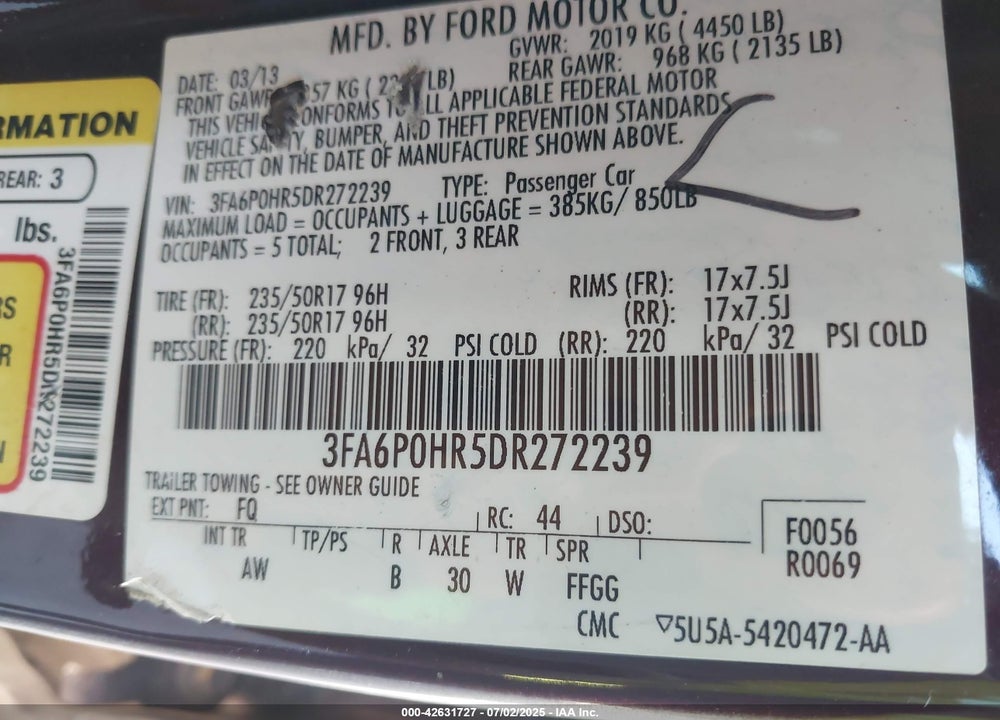 2013 FORD FUSION VIN: 3FA6P0HR5DR272239