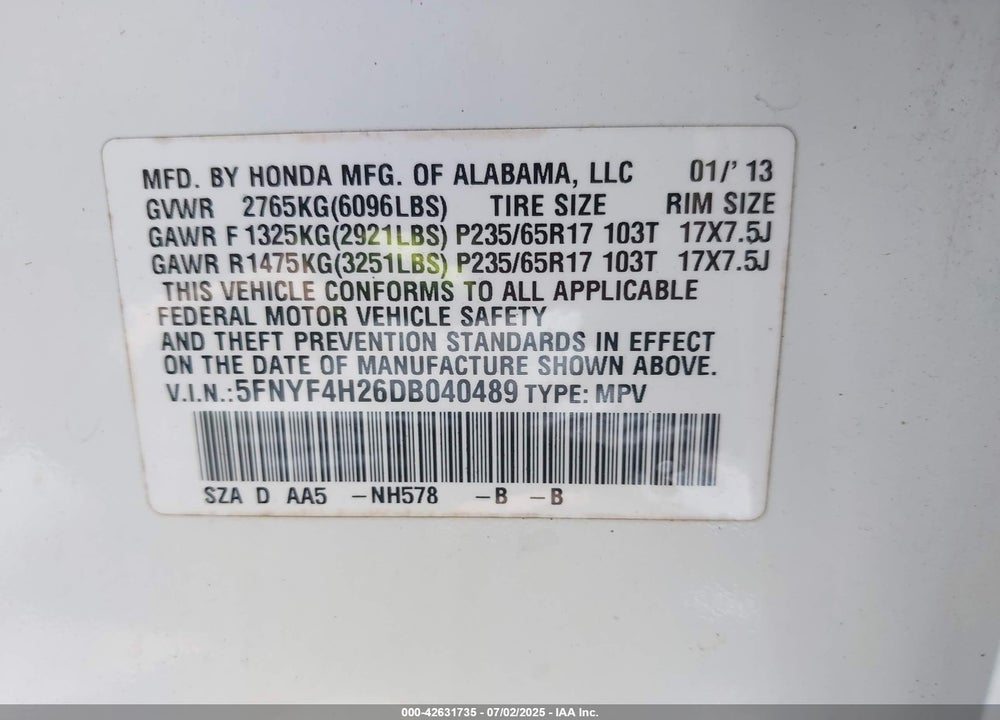 2013 HONDA PILOT LX VIN: 5FNYF4H26DB040489