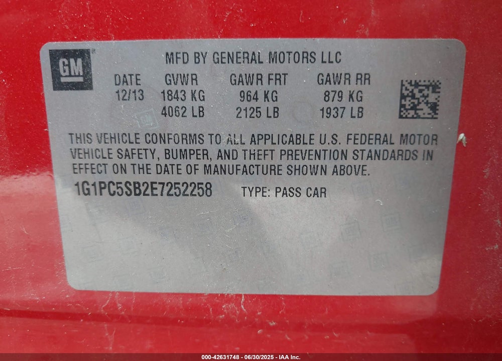 2014 CHEVROLET CRUZE VIN: 1G1PC5SB2E7252258