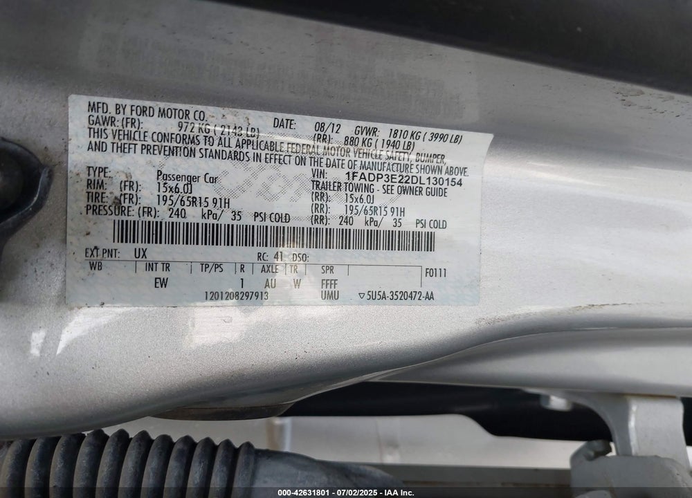 2013 FORD FOCUS VIN: 1FADP3E22DL130154