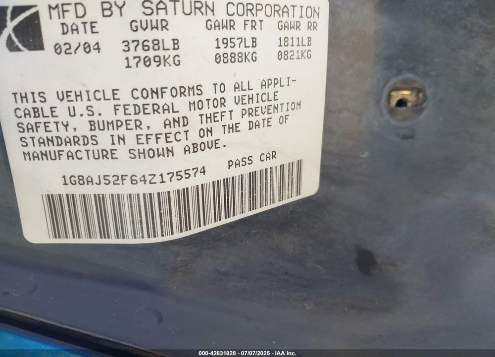 2004 SATURN ION 2 VIN: 1G8AJ52F64Z175574