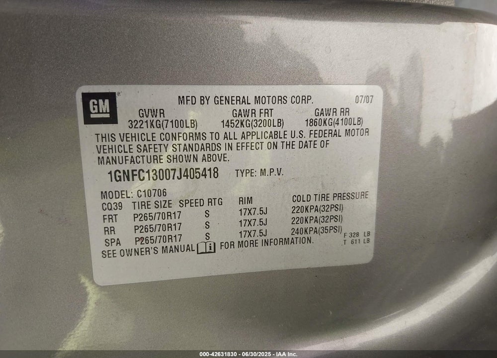 2007 CHEVROLET TAHOE LT VIN: 1GNFC13007J405418