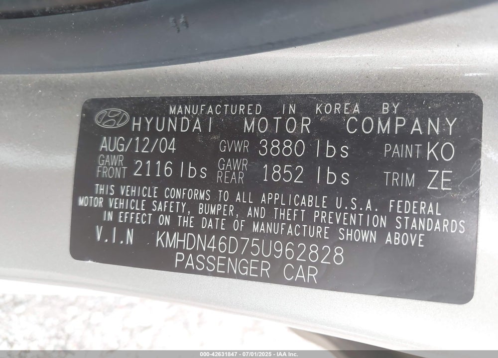 2005 HYUNDAI ELANTRA GLS/GT VIN: KMHDN46D75U962828
