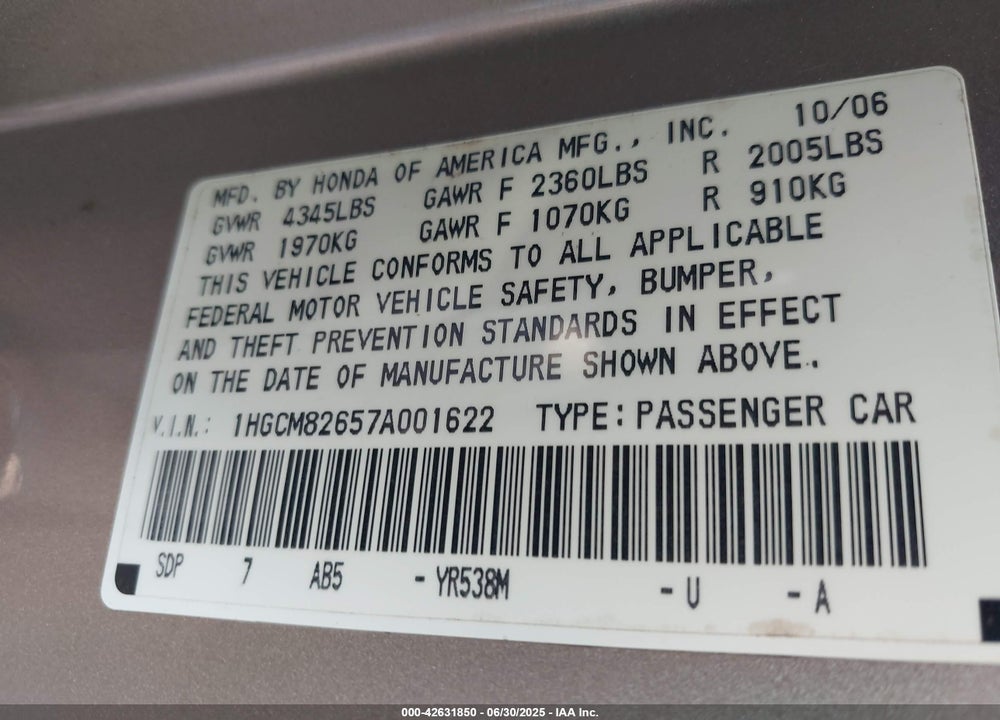 2007 HONDA ACCORD 3.0 EX VIN: 1HGCM82657A001622