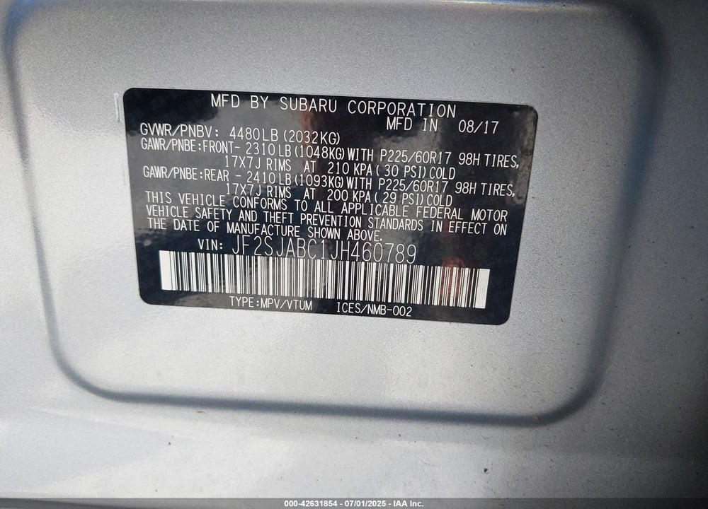 2018 SUBARU FORESTER VIN: JF2SJABC1JH460789