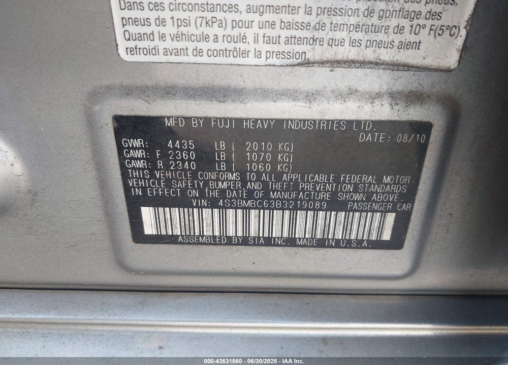 2011 SUBARU LEGACY VIN: 4S3BMBC63B3219089