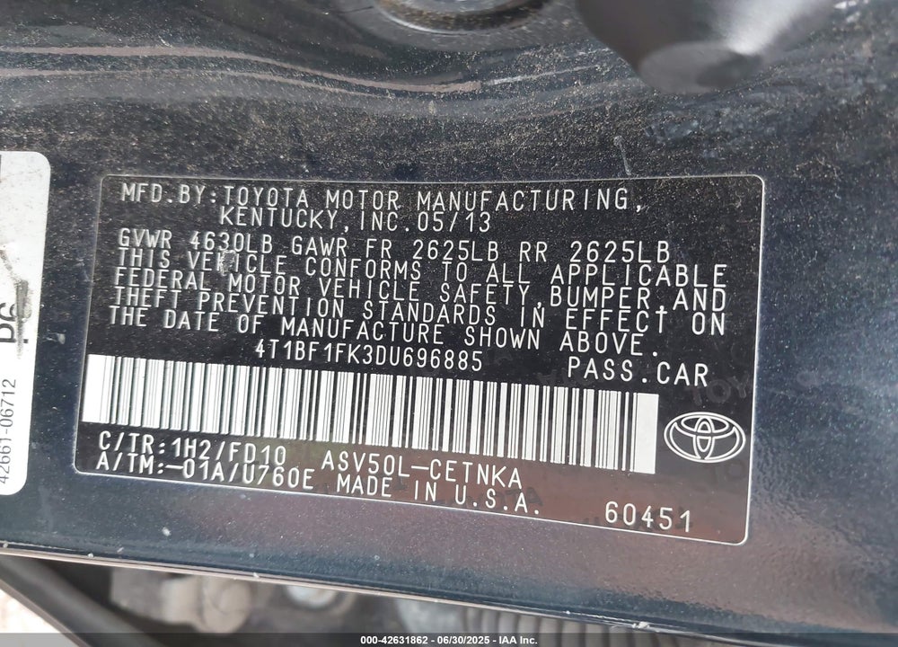 2013 TOYOTA CAMRY LE VIN: 4T1BF1FK3DU696885