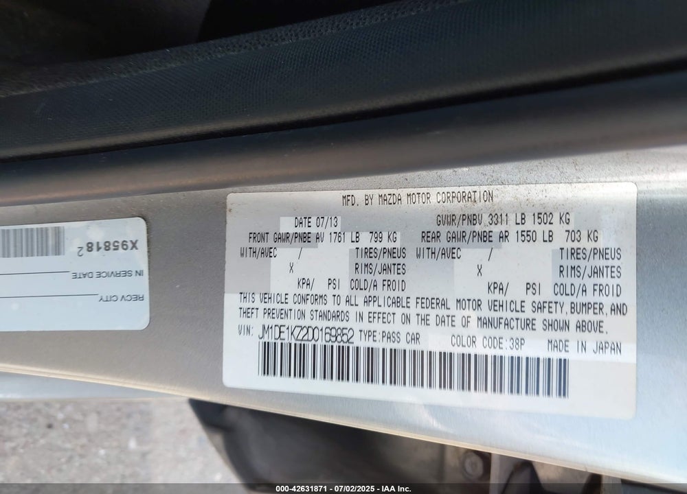 2013 MAZDA 2 SPORT VIN: JM1DE1KZ2D0169852