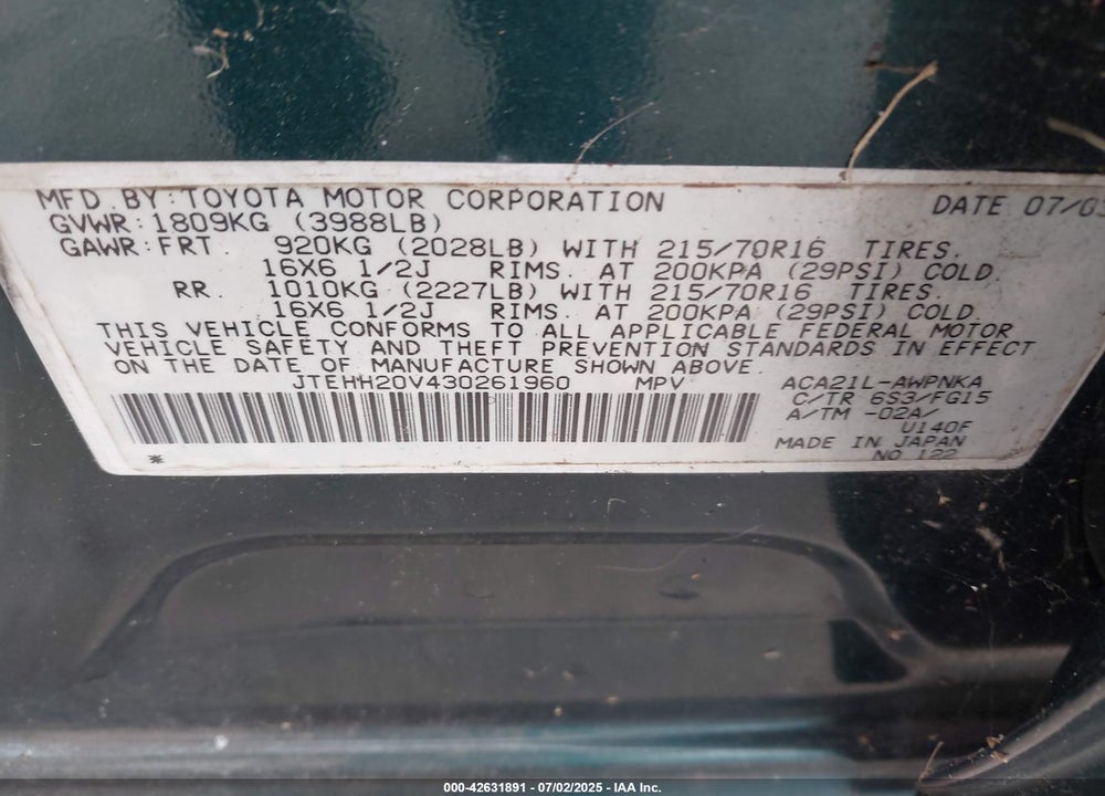2003 TOYOTA RAV4 VIN: JTEHH20V430261960