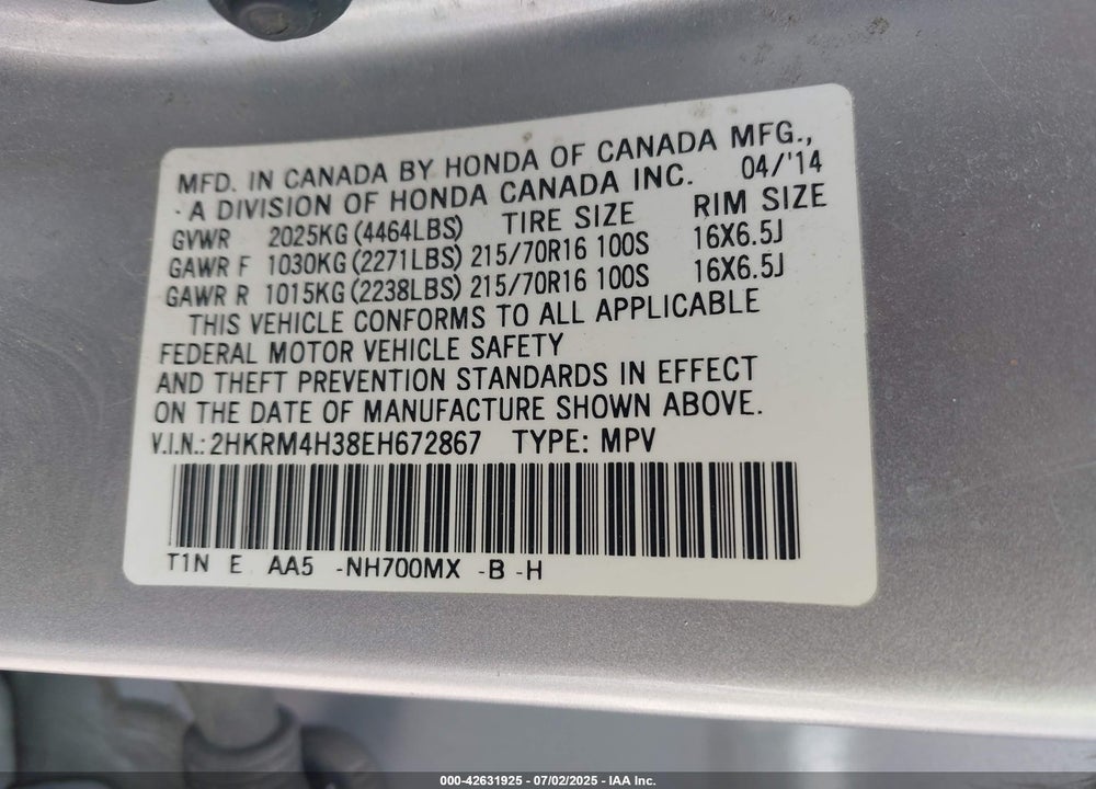 2014 HONDA CR-V LX VIN: 2HKRM4H38EH672867