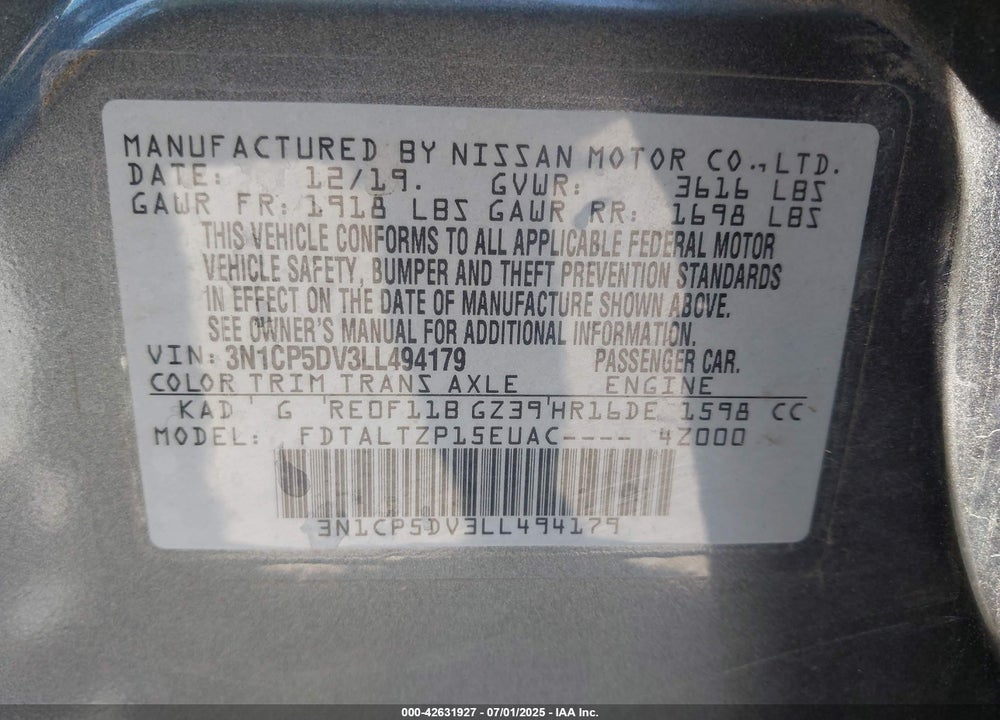 2020 NISSAN KICKS VIN: 3N1CP5DV3LL494179