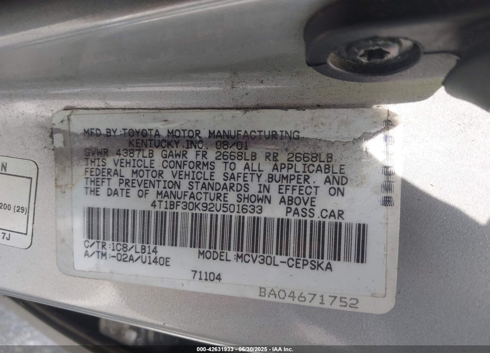 2002 TOYOTA CAMRY SE V6 VIN: 4T1BF30K92U501633