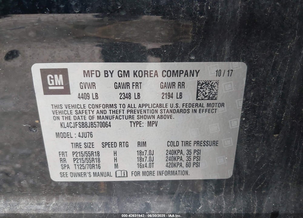 2018 BUICK ENCORE VIN: KL4CJFSB8JB570064
