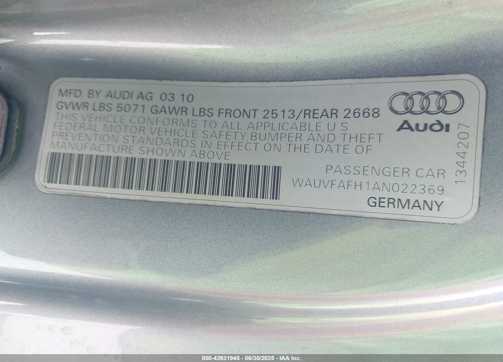 2010 AUDI A5 VIN: WAUVFAFH1AN022369