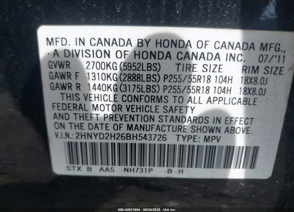 2011 ACURA MDX VIN: 2HNYD2H26BH543726